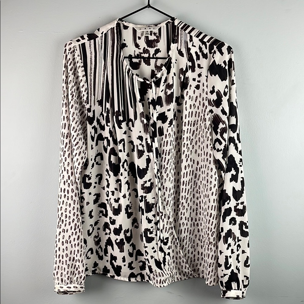 Cabi Animal Print Faux Wrap Long Sleeve Blouse Size S